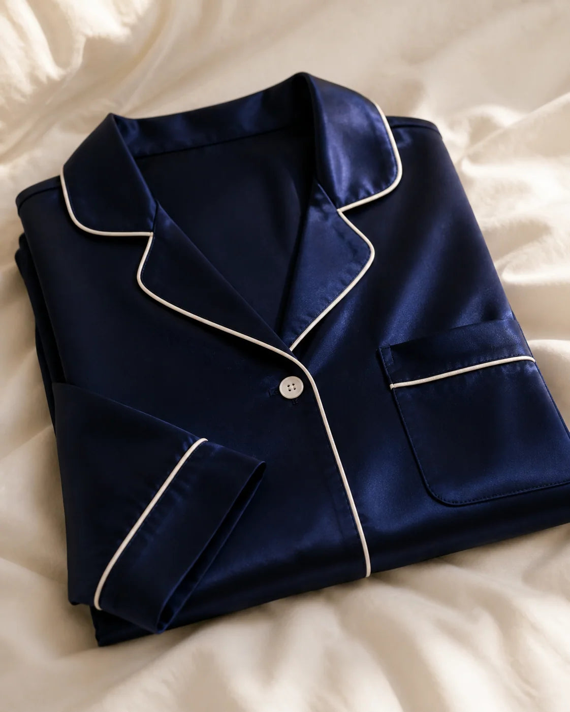 Close-up of navy silk nightwear with white piping and pocket detail