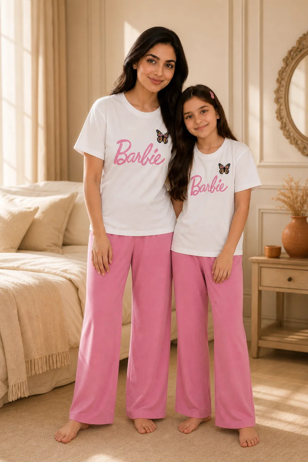 Mother and daughter wearing matching white and pink night suits